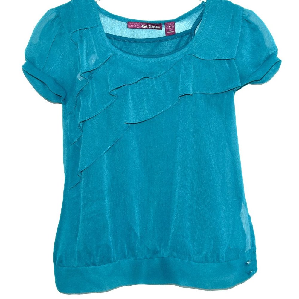 Epic Threads Short Sleeve Teal Blouse with Built-In Camisole - Medium